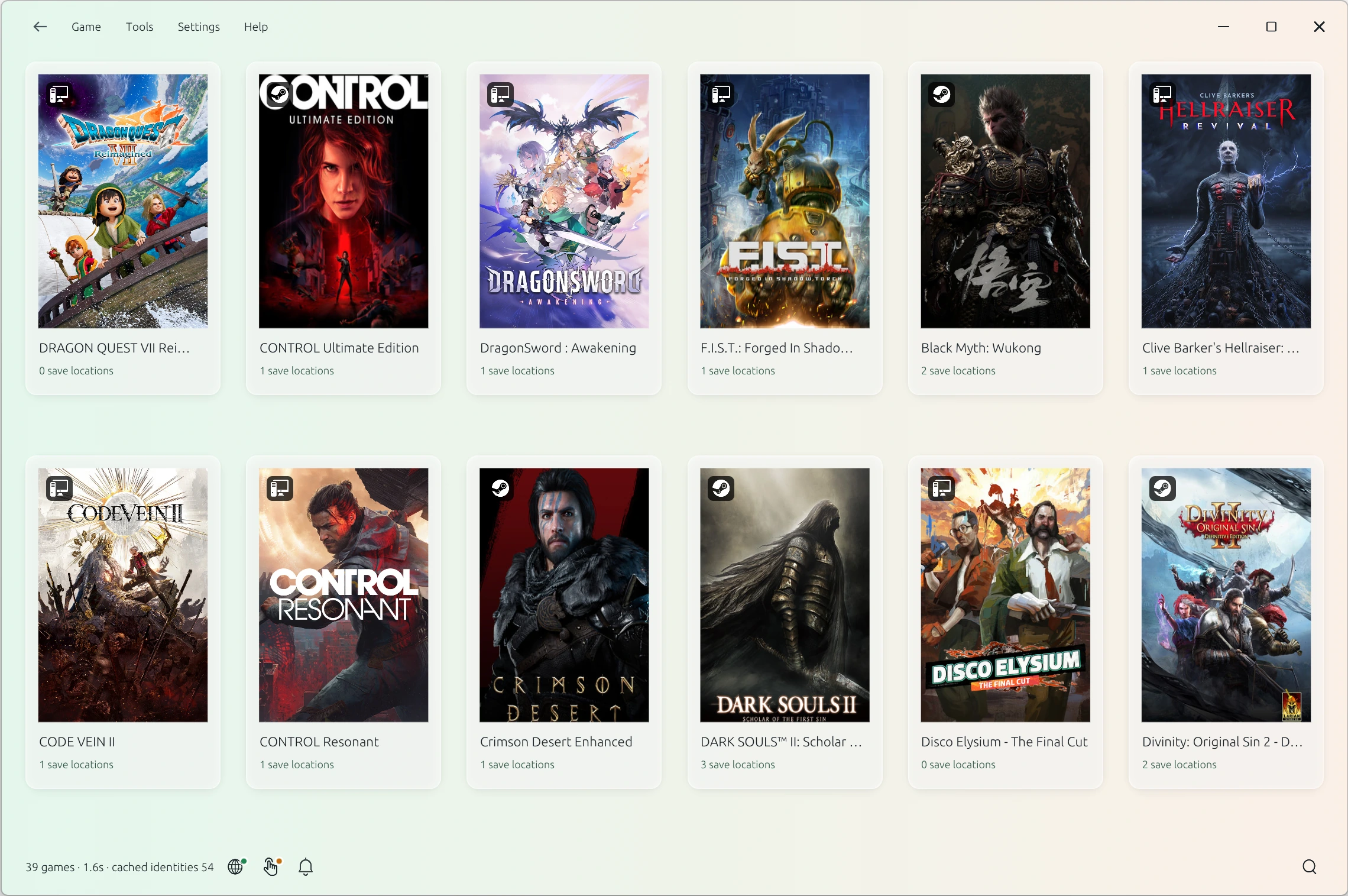 SoulSpark game library in its mint and cream theme, with installed games from different platforms