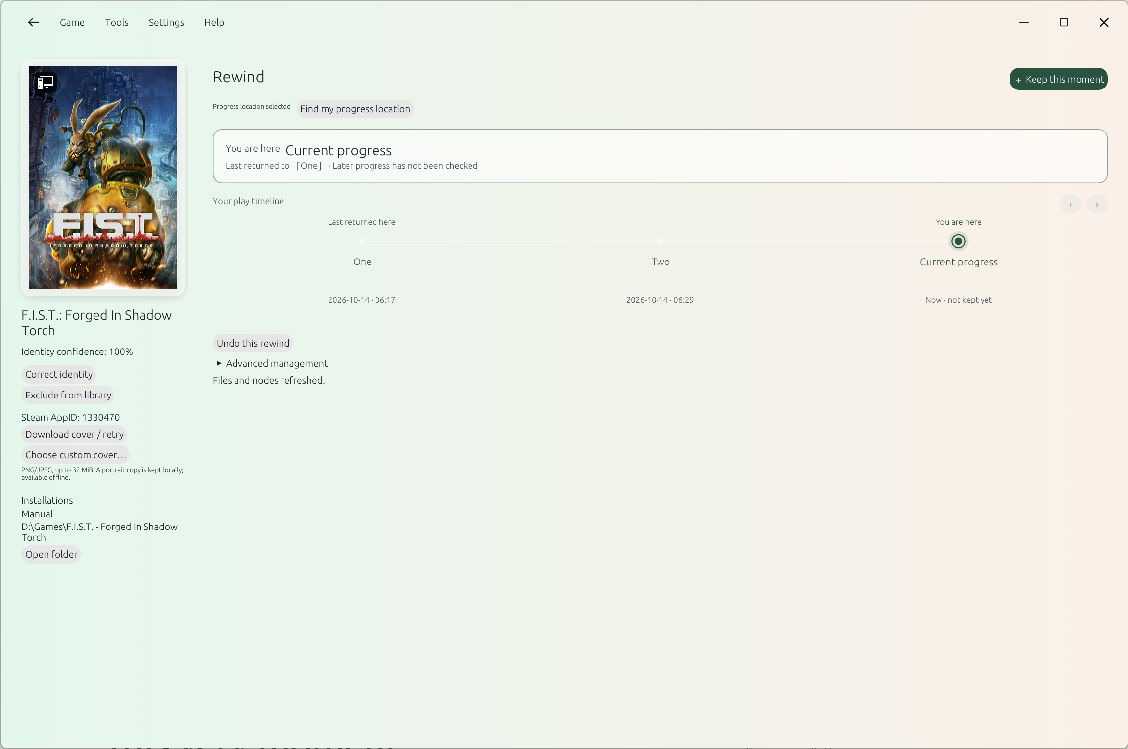 Earlier SoulSpark Save Backups development interface with two backups, current progress, and undo restore