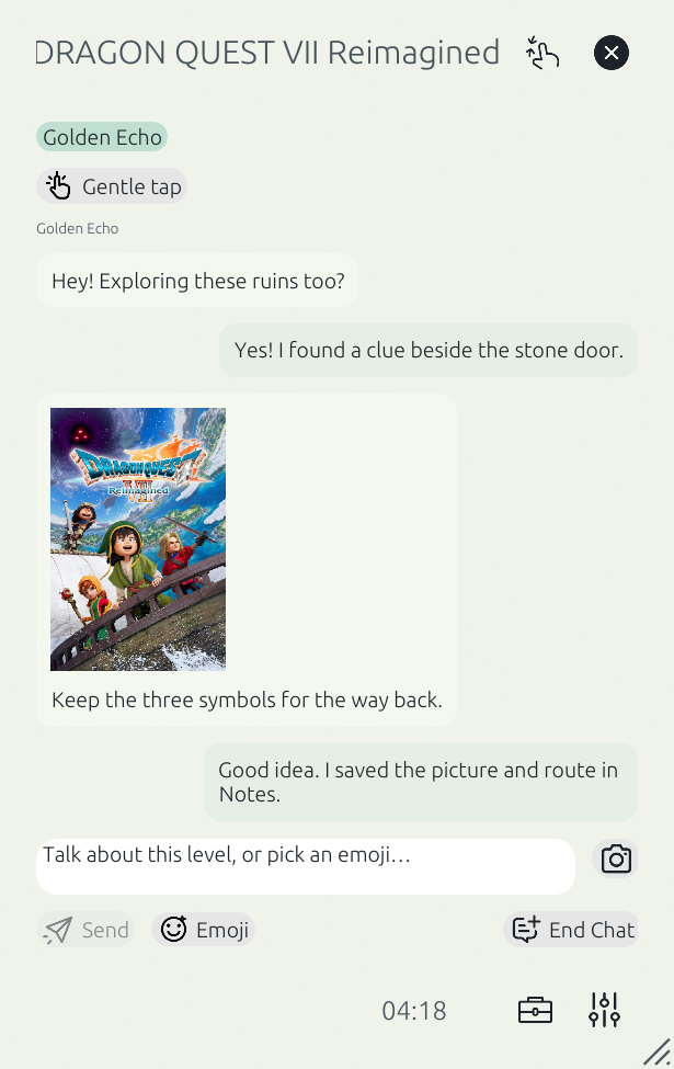 Actual encounter-card UI with a scripted local conversation. No message was sent to another person.