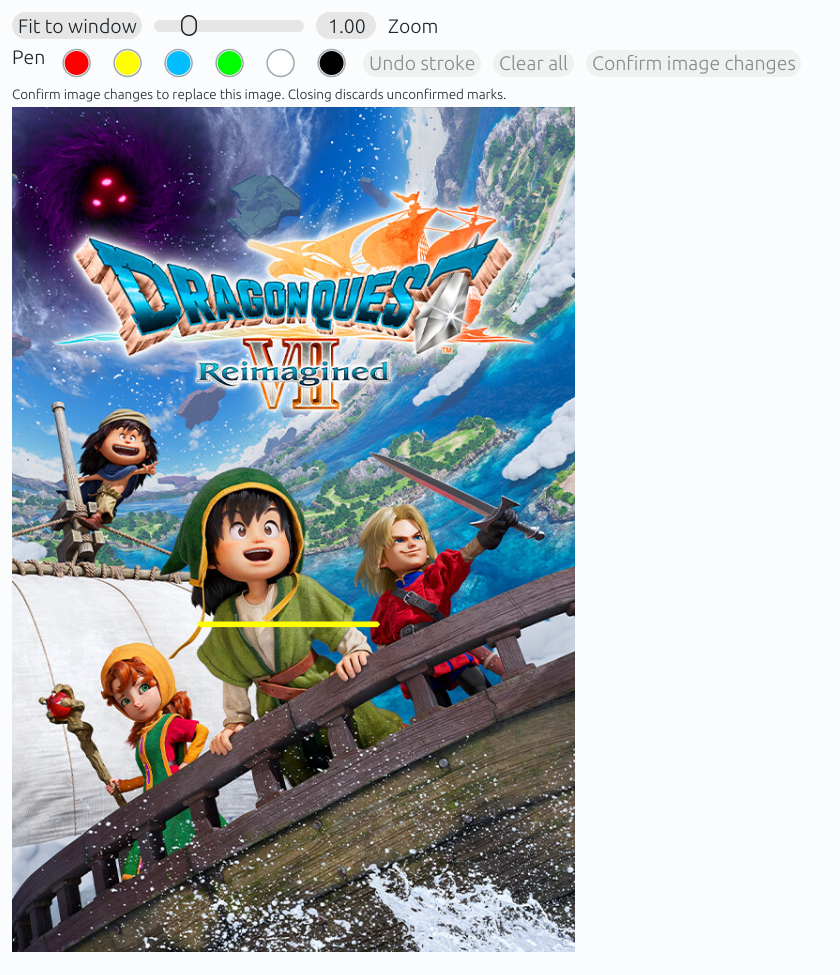 Picture viewer and annotation controls (detail crop). The demonstration attachment is game artwork, not an in-game capture.