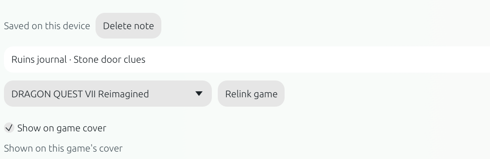 Save status, Relink game and Show on game cover (detail crop).