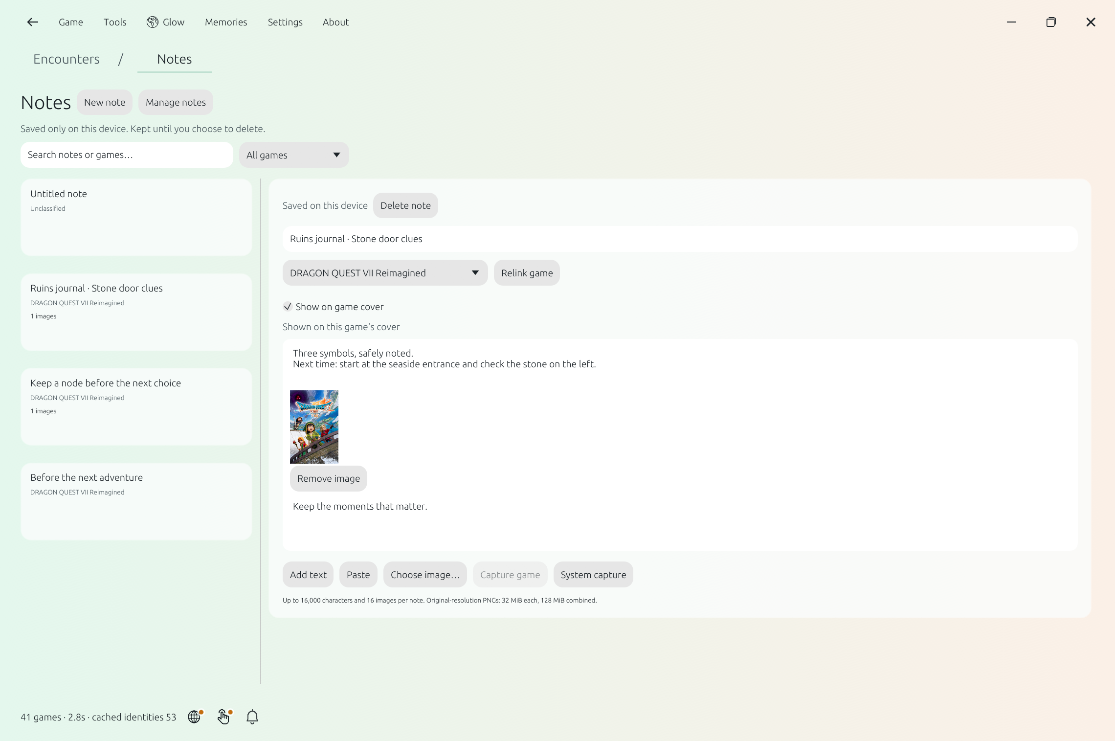 A titled game note with text and a picture. Demo content was created in an isolated profile.