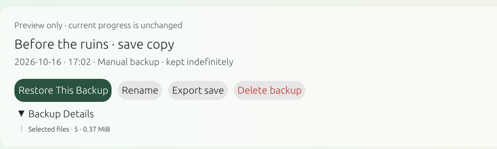 Selected backup actions and file count (detail crop). Check the source before any restore.